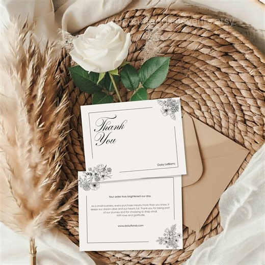 Editable Beige Floral Thank You Cards | Elegant Canva Template, Minimal Botanical Note Card Design - Etsy