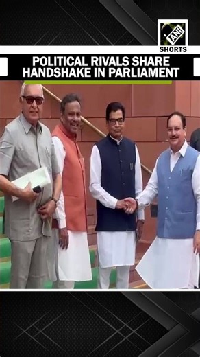 Union Minister and BJP MP JP Nadda shakes hands with SP MP Ram Gopal Yadav at Parliament