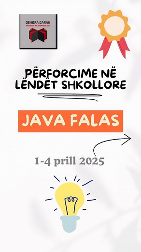 JAVA FALAS NE DARAN! 🆓📚 Eja dhe perforco njohurite! Nga data 1-5 prill. ——— Matematike: 09:00-11:00 Anglisht: 11:00-13:00 Pikture: 13:00-15:00 📚✏️📘📕📖🏫📙🖌️🖍️🎓 . . . #qendradaran #kurse #personaldevelopment #trainingday #preschoolactıvıtıes #courseonline #daran #course_challenge #teachers | Qendra Daran