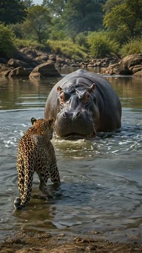 Leopard's Escape! 🐆💥 Angry Hippo Charges Through the River | 🦛 #shorts