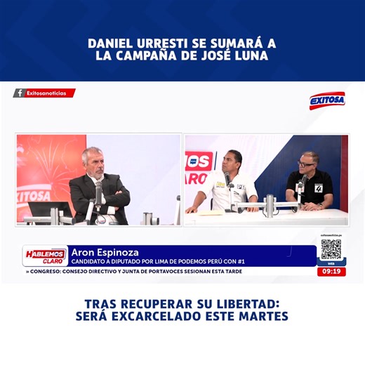 🔴🔵#EligeBien ✅🇵🇪 | En diálogo con Exitosa, el candidato a diputado por Podemos Perú, Aron Espinoza, informó que Daniel Urresti será excarcelado hoy, martes 3 de junio, en horas de la tarde. Aseguró que el exministro del Interior se sumará a la campaña electoral de José Luna Gálvez. 📻 95.5 FM 📡 6.1 señal digital abierta 📺 Movistar: 34 SD - 734 HD 🌐 http://exitosanoticias.pe | Exitosa Noticias