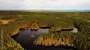 Aerial flying over the meandering shape of Kingston Lake water surrounded by a wilderness of evergreen and deciduous trees with autumn foliage and cloudy sky above as the sunlight peeks through.