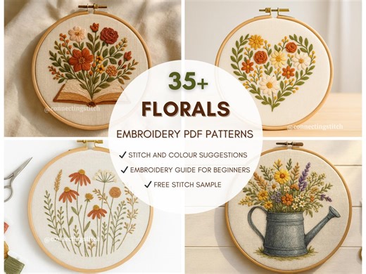 Floral Embroidery Pattern Bundle | Hand Embroidery PDF Patterns | Beginner Friendly Botanical Designs | Printable Templates - Etsy