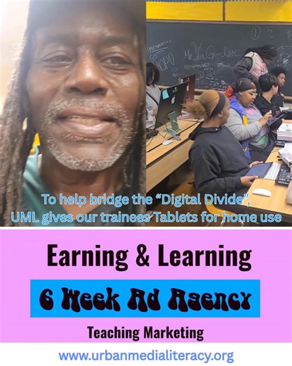 "Never send a man out to war without bullets"-Sales axiom that means you cannot fire a salesperson if you didn't give them every tool they needed to succeed The major goal of UML is reducing violence job creation. By showing young people opportunities to earn livable wages at earlier in life helps their decisions on how to "get money!"We try to conquer the "Digital Divide " where many may not have access to technology 24/7 by providing tablets when we can. So far this year UML has given 60 of ou