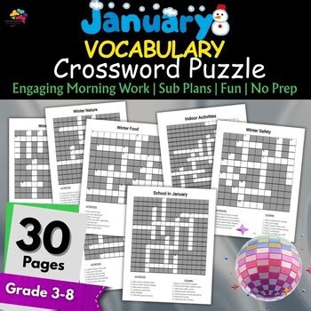 January Crossword Puzzle Morning Work Activities 4th,5th,6th,7th,8th,9th Grade