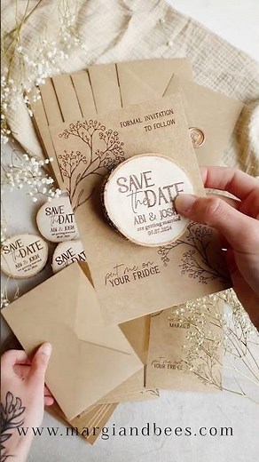 Rustic Save the Date Magnet & Card 🌿Boho Wood Slice Save Our Date|Floral Kraft Wedding Save the Date
