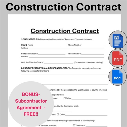Editable Construction Contract Agreement Template, Single Page Construction Agreement Form, Printable Basic Work Contractor Contract PDF - Etsy
