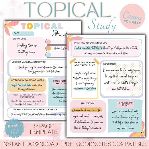 Topical Study Bible Printable & Digital ,editable Canva Template ,goodnotes PDF | Bible Study Topics, Notes and Scripture Study Pages - Etsy