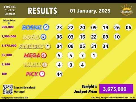 Dream Draw Free Raffle Draw results for January 01, 2025.