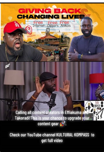 Calling all content creators in Effiakuma and Takoradi!�This is your chance to upgrade your content gear 🚀. Check our YouTube channel KULTURAL KOMPASS for full video of our beautiful conversation @Nana Quasi-Wusu #Blaklaaa@AbeikuQuansah @Kofi Kinaata @Thomas Anero Denkey #takoradi #fyp