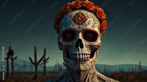 Explore the artistic representation of a decorated skull surrounded by a sunset landscape in the desert