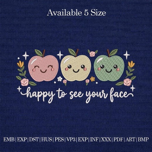 Cute Apple Embroidery Design, Happy to See Your Face Machine Embroidery Pattern, Kawaii Apple Set - Etsy
