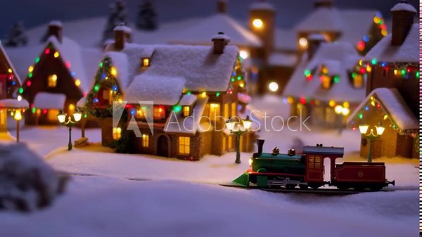 A festive scene with a miniature train set on a snowy track, surrounded by a decorated Christmas tree and a backdrop of illuminated buildings, creating a charming holiday atmosphere