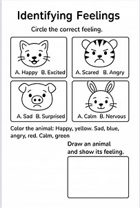 Identifying Feelings Worksheet – Printable Preschool Activity With Animal Faces – Emotions Learning PDF. - Etsy