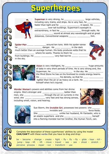 Superheroes: can-can't for ability worksheet