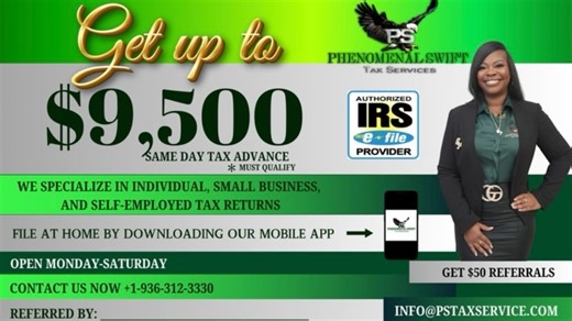 Tamaria Turner on Instagram: "💰 MAX REFUND. SAME-DAY ADVANCES. PHENOMENAL RESULTS. 💰 Get up to $9,500 in same-day tax advances if you qualify. We specialize in individuals, small businesses, and self-employed clients — because your money deserves expert handling. ✔️ Authorized IRS E-File Provider ✔️ File from home with our mobile app ✔️ Open Monday–Saturday ✔️ Earn $50 referrals 📞 Call today to see if you qualify: 936-312-3330 #PhenomenalSwiftTax #TaxSeasonReady #MaxRefund #SelfEmployedTaxes 