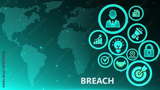 Breach Impact Visualization: Global Cybersecurity Concept with Animated Icons on Teal Background for Data Leak and Privacy Concerns