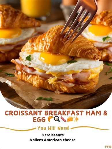 Croissant 😸 Breakfast Ham & Egg 🥐🍳🥓🧀✨ Crisp croissants filled with warm ham, eggs, and melted cheese. An easy and satisfying breakfast! Ingredients: 8 croissants 8 slices American cheese ..... Full Recipe in Coʍmеոτ 💬 💝 | Easy Recipes