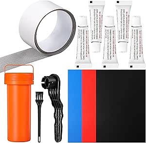 Inflatable Boat Repair Kit Include 3 PVC Patch, 1 Repair Tape, 1 Maintenance Barrel, 1 Valve Wrench, 1 Brush and 5 3g Glue, Rubber Boat Repair Patches Set for Inflatable Raft Boat Kayak