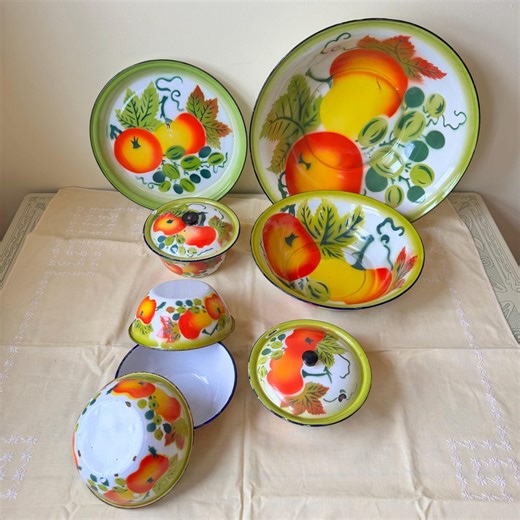 Vintage Orchard Fruit Enamelware | Choose Basin Platter Berry Bowl or Pot | Harvest Pattern | Farmhouse Cottage Kitchen Decor - Etsy