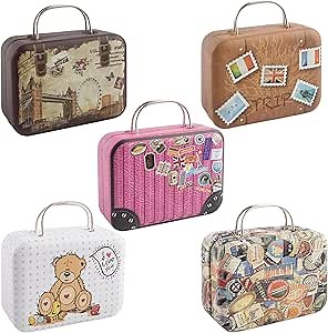 Framendino, 5 Pack Mini Suitcase Boxes Small Cartoon Tin Rectangular Handbag Jewelry Coin Container for Party Wedding Decorations