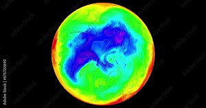 Polar map depicting show temperature ranges across the continent, including contours that highlight areas of extreme cold