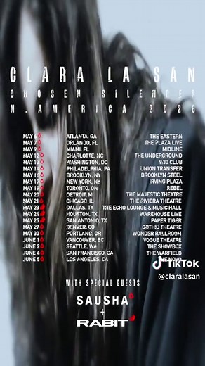 CHOSEN SILENCES NORTH AMERICA TOUR 2026 BEGINS NEXT WEEK. WITH SPECIAL GUESTS SAUSHA AND RABIT. FINAL TICKETS AT CLARALASAN.COM
