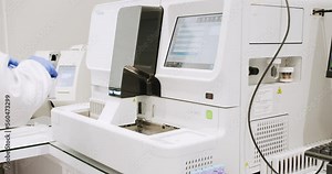 Blood Testing Machine Checks Samples In A Laboratory Room. Automated machine in work process, blood and urine sampleanalysis. Bio lab medical clinic chemical automatic analyzer.
