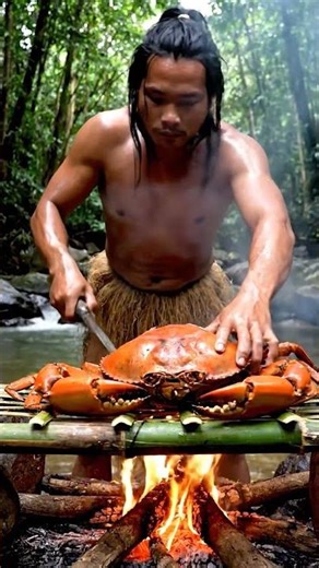 Giant River Crab Roasted on Bamboo by the Stream – Tribal Wild Cooking