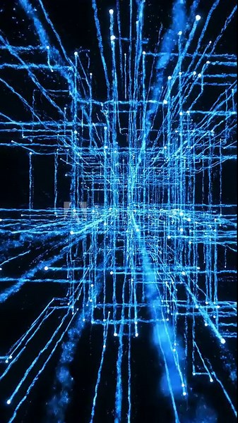 Dynamic cinematic visualization of brilliant blue data streams rapidly branching, connecting, and expanding into an intricate digital network across a stylized dark blank space grid, modern, web