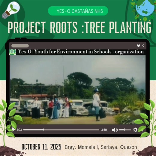 Project ROOTS | YES-O in Action Project ROOTS: Revitalizing Our Outdoor Resources Significantly (DM 732, s. 2025): A Tree-Planting Activity. Date : October 11, 2025 Place : Mt. Banahaw, Brgy. Mamala I, Sariaya, Quezon Ang proyektong ito ay kaayon din sa mga layunin ng YES-O, partikular sa aktibidad na Tree Planting Activities alinsunod sa DepEd Order No. 72, s. 2023. Edited by: President Emierose Laracas Music : Huwag Muna Tayong Umuwi by Bini DISCLAIMER: I hereby declare that I do not own the r