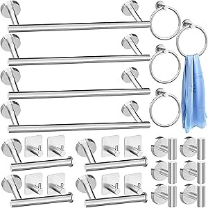 Blulu 28 Pcs Bathroom Hardware Set Stainless Steel Bathroom Accessories Set, Including 16'' Bath Towel Bar, Towel Rings, Robe Hooks, Toilet Paper Holders, Wall Mounted (Silver)