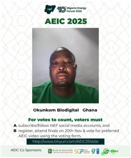 AEIC 2025 Finalist Public Voting is Now Open! Meet one of the brilliant innovators competing in this year’s Africa Energy Innovation Challenge. To make your vote count: Follow NEF on all social media platforms Register, attend the finals on 20th November, and vote for your preferred AEIC video using the official voting form. Show your support watch, share, and engage to help your favorite innovator win 🔗 Register here: http://www.tinyurl.com/AEIC25Vote #aeic2025 #nef2025 #energyinnovation #clea