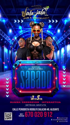 💃🔥 SÁBADO DE RUMBA EN JALA JALA PUB 🔥💃 Este sábado la pista se enciende con DJ JEISON SIERRA en una sesión llena de ritmo, energía y pura fiesta. 🎧⚡ Prepárate para una noche de rumba crossover interactiva, donde la música no se detiene y el ambiente se pone a otro nivel. 🎶 Lo mejor de la música latina 🔥 Ambiente único 🍹 Copas y cócteles 🎉 ENTRADA GRATUITA Si te gusta bailar, disfrutar con amigos y vivir una verdadera noche latina… JALA JALA es tu lugar. JALA JALA PUB ALICANTE. 📍 Calle 