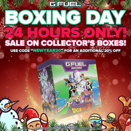 🎁 Happy #BoxingDay! For the next 24 HOURS ONLY, #GFUEL Collector's Boxes are up to 13% OFF and you can use Promo Code "NEWYEAR20" for an EXTRA 20% OFF on top of that! Cheers! 🛒 𝗦𝗛𝗢𝗣: GFUEL.ly/boxing-day-2023-fb | G FUEL
