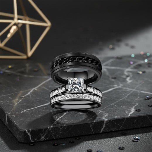 Black Wedding Ring Set | Unique Couple Bands With Diamonds | Alternative Promise Jewelry for Her Him - Etsy
