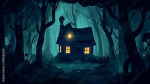 Horror house background animation in the dark forest. seamless looping 4k