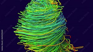 Wire string particles vortex spiral swirl abstract colorful animated background. Visual effect in gradient of vivid rainbow colors. 3d rendered motion graphics design 4k video
