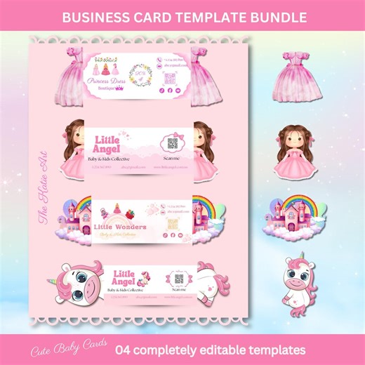 Editable Business Card Templates Bundle | Kawaii Pink Baby Girl QR Code (canva Download) - Etsy