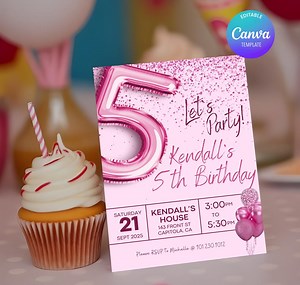 5th Birthday Invitation Personalized for Your Party - PINK Theme - Digital / Editable / Downloadable / Printable - Etsy