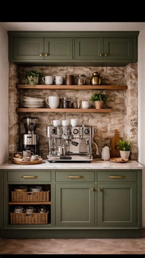 A coffee moment worth slowing down for ☕️ This standalone coffee nook blends rich sage-green cabinetry, warm brass accents, and textured stone walls to create a cozy yet elevated retreat. The polished chrome espresso machine takes center stage, turning every morning cup into a café-level experience at home. Styled shelves, natural wood details, and soft lighting make this space feel intentional, inviting, and effortlessly luxurious. Perfect proof that a coffee nook can be a destination all its o