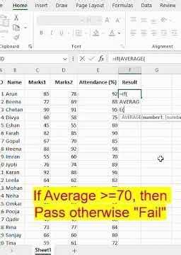 Excel IF Formula | Pass or Fail Using Average Marks #excel #microsoftoffice #excelshortcuts