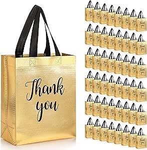Fumete 50 Pcs Gold Glossy Thank You Gift Bag with Handles 8 x 4 x 10 Inch Non Woven Reusable Gift Bags for Graduation Fathers Day Wedding Birthday Party Engagement Anniversary Holidays