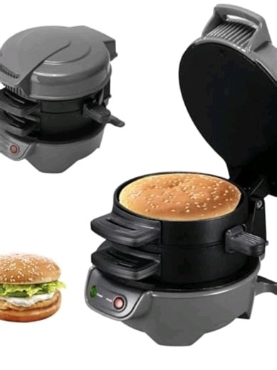 Electric burger and sandwich maker. It is a versatile kitchen appliance with several key features: * Can be used to make burgers, breakfast sandwiches, waffles, and paninis. * Efficient Heating: The 600W power and non-stick double-sided plates ensure food is ready in approximately 5 minutes. * Three-in-one, space-saving design, with a rotating plate for easy access.