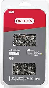 Oregon S62T AdvanceCut Chainsaw Chains 2-Pack, for 18-Inch Bar, 62 Drive Links, 2X Replacement Chainsaw Blades, .050 Inch Gauge, 3/8 Inch Pitch, Fits Craftsman, Atlas, Homelite, Ryobi, Ego & More