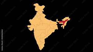 Assam map animated video. Assam location in India highlighted colour with transparent background in video format. Map animation video.