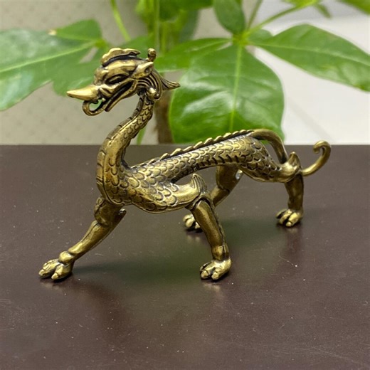 Brass Dragon Figurine Hand Carved Zodiac Dragon Ornament Feng Shui Desk Decor