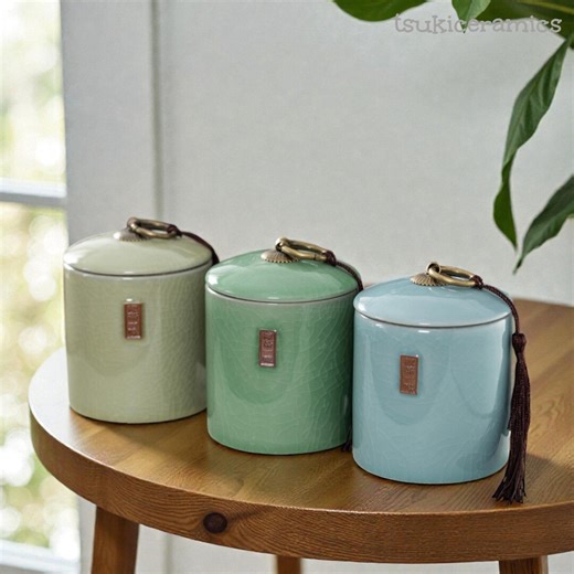Japanese Ceramic Tea Caddy: Longquan Celadon Crackle Glaze With Tassel. A Zen Kitchen Canister & Unique Housewarming Gift. - Etsy