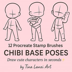 12 Basic Chibi Poses – Procreate Stamp Brushes | Cute Character Poses | Easy Figure Drawing | Chibi Template Brush Set