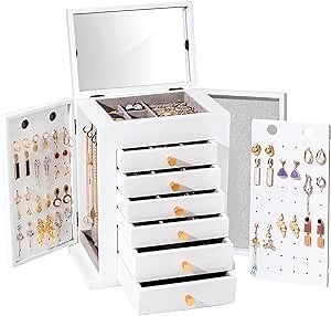 ProCase Large Jewelry Box, 7-Layer Wooden Jewelry Boxes for Women, Jewellery Holder Organizer Storage Case with Mirror for Earrings Bracelet Necklace for Dresser -White